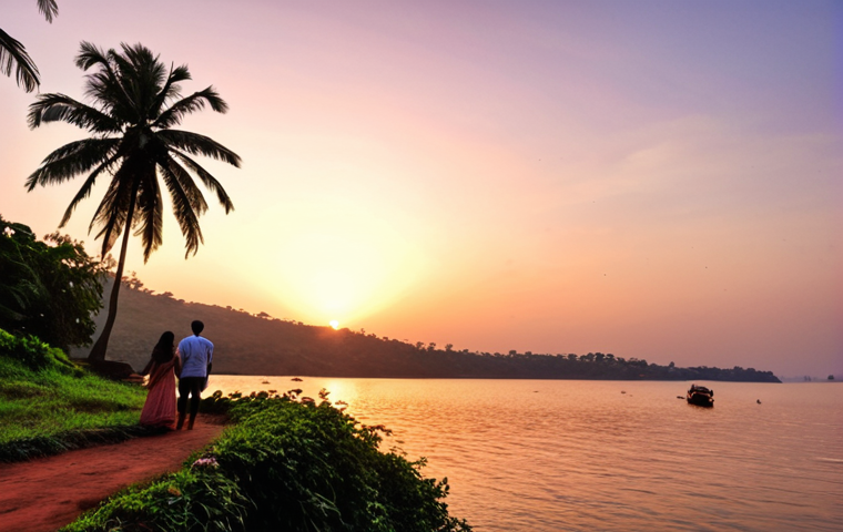 **Dona Paula Sunset:** "Serene sunset at Dona Paula, Goa, with a couple enjoying the view by the tranquil lake. Romantic atmosphere, peaceful setting."