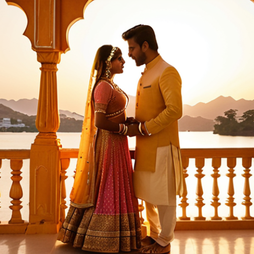 **Prompt 1:** A romantic Indian couple, dressed in elegant attire, stands on a balcony overlooking the serene Pichola Lake with the majestic Lake Palace of Udaipur in the background, bathed in the soft, golden light of sunset. The scene evokes a dreamlike, ethereal quality, reminiscent of a classic Bollywood romance. There's a subtle blur to the background, emphasizing the couple and the magical atmosphere. Cinematic photography, warm color palette, high detail.