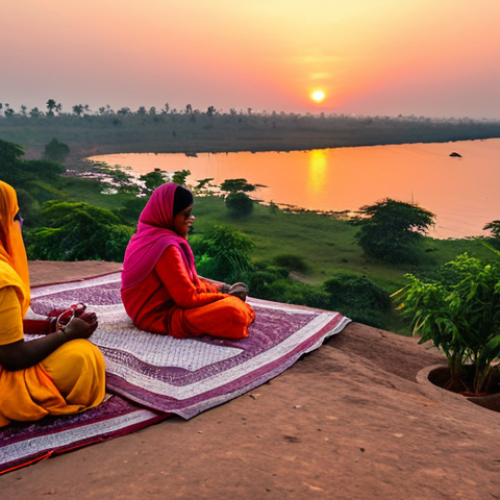 **

"A serene sunset view at Sunset Point, India. The sky is filled with vibrant orange and pink hues, reflecting off the landscape. People are sitting peacefully, enjoying the view in modest clothing. Safe for work, appropriate content, fully clothed, professional photography, perfect anatomy, natural proportions, family-friendly scene, high quality."

**