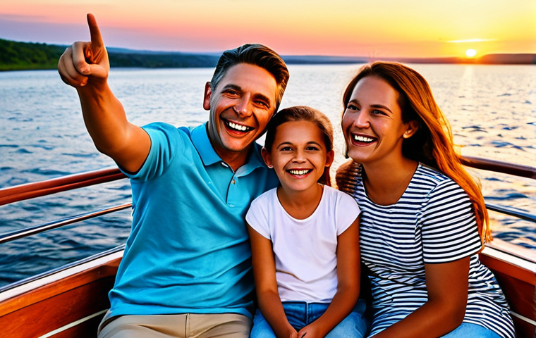선셋포인트 보트에서 즐기는 일몰 - **
"A family-friendly scene on a Sunset Point boat, fully clothed, enjoying a scenic sunset view. C...