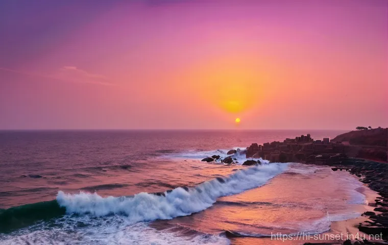 선셋포인트 감성 여행 - **Prompt:** "A breathtaking, wide-angle shot of a serene sunset over Kanyakumari, India, where the A...
