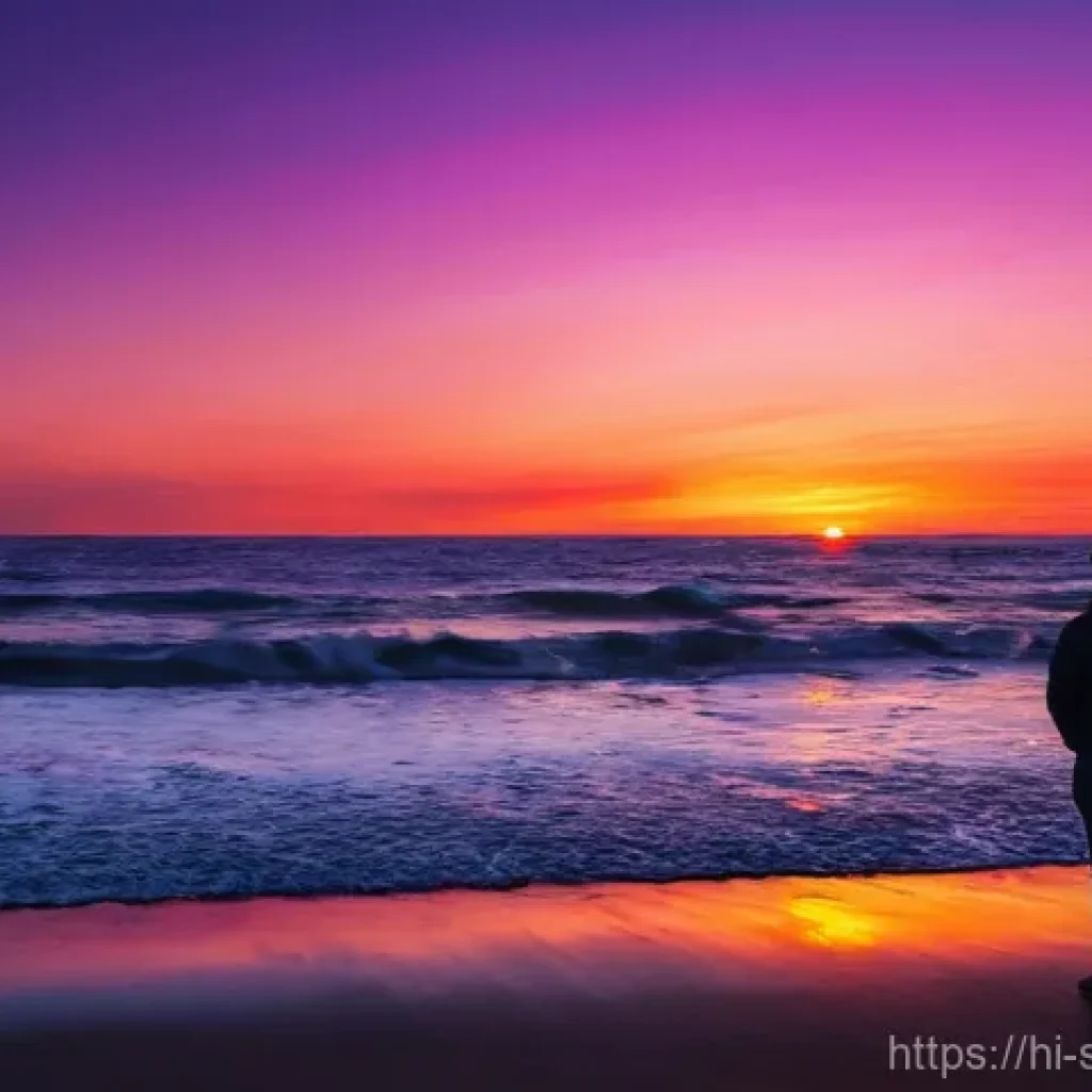 선셋포인트 해변가의 일몰 - **Prompt:** "A breathtaking wide shot of a sunset at a serene beach. The sky is a canvas of vibrant ...