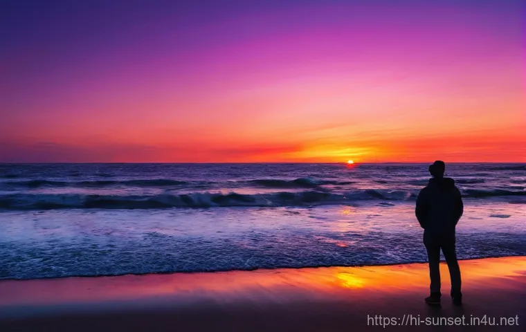 선셋포인트 해변가의 일몰 - **Prompt:** "A breathtaking wide shot of a sunset at a serene beach. The sky is a canvas of vibrant ...