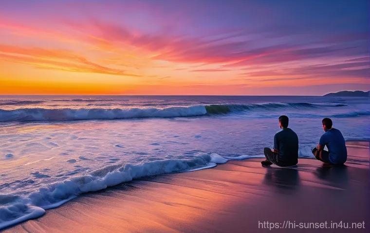 선셋포인트 해변가의 일몰 - **Prompt:** "A breathtaking wide shot of a sunset at a serene beach. The sky is a canvas of vibrant ...
