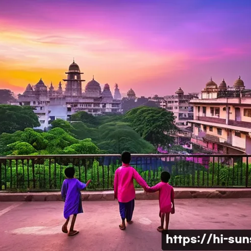 선셋포인트 일몰 후 야경 - A serene twilight scene capturing the colorful post-sunset sky over a bustling Indian cityscape, wit...