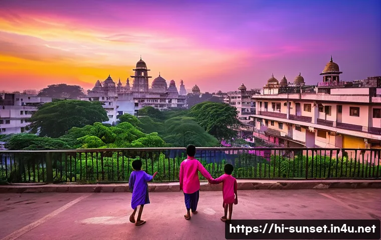 선셋포인트 일몰 후 야경 - A serene twilight scene capturing the colorful post-sunset sky over a bustling Indian cityscape, wit...