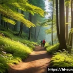 Home 21 선셋포인트 트레킹 코스 - A serene trekking trail in a dense forest during early morning, featuring vibrant green trees and co...