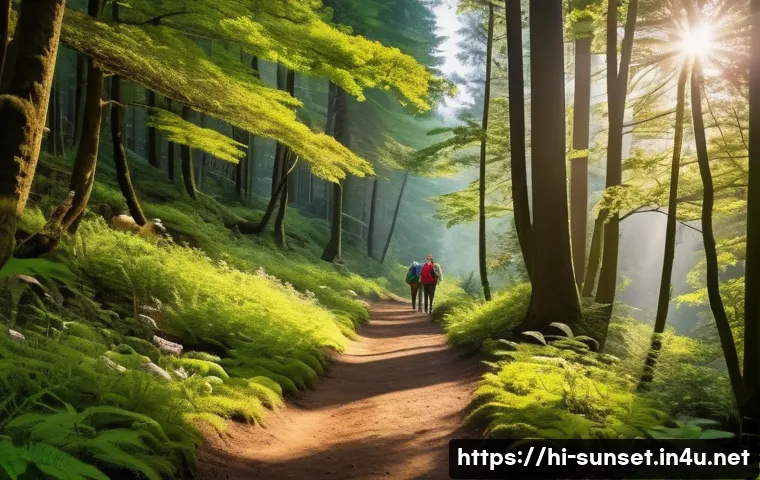 선셋포인트 트레킹 코스 - A serene trekking trail in a dense forest during early morning, featuring vibrant green trees and co...