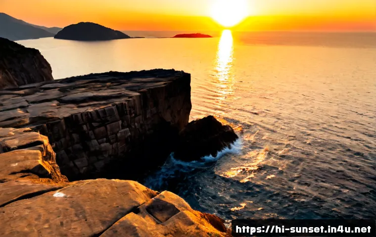 Home 17 선셋포인트 돌섬에서의 일몰 - Photorealistic sunset at a scenic viewpoint overlooking a small rugged stone island in calm ocean wa...