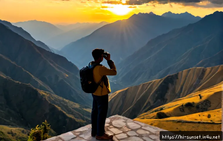 선셋포인트 사진 찍기 좋은 시간 - Photorealistic wide landscape at a scenic sunset viewpoint, golden hour just before sunset, warm amb...